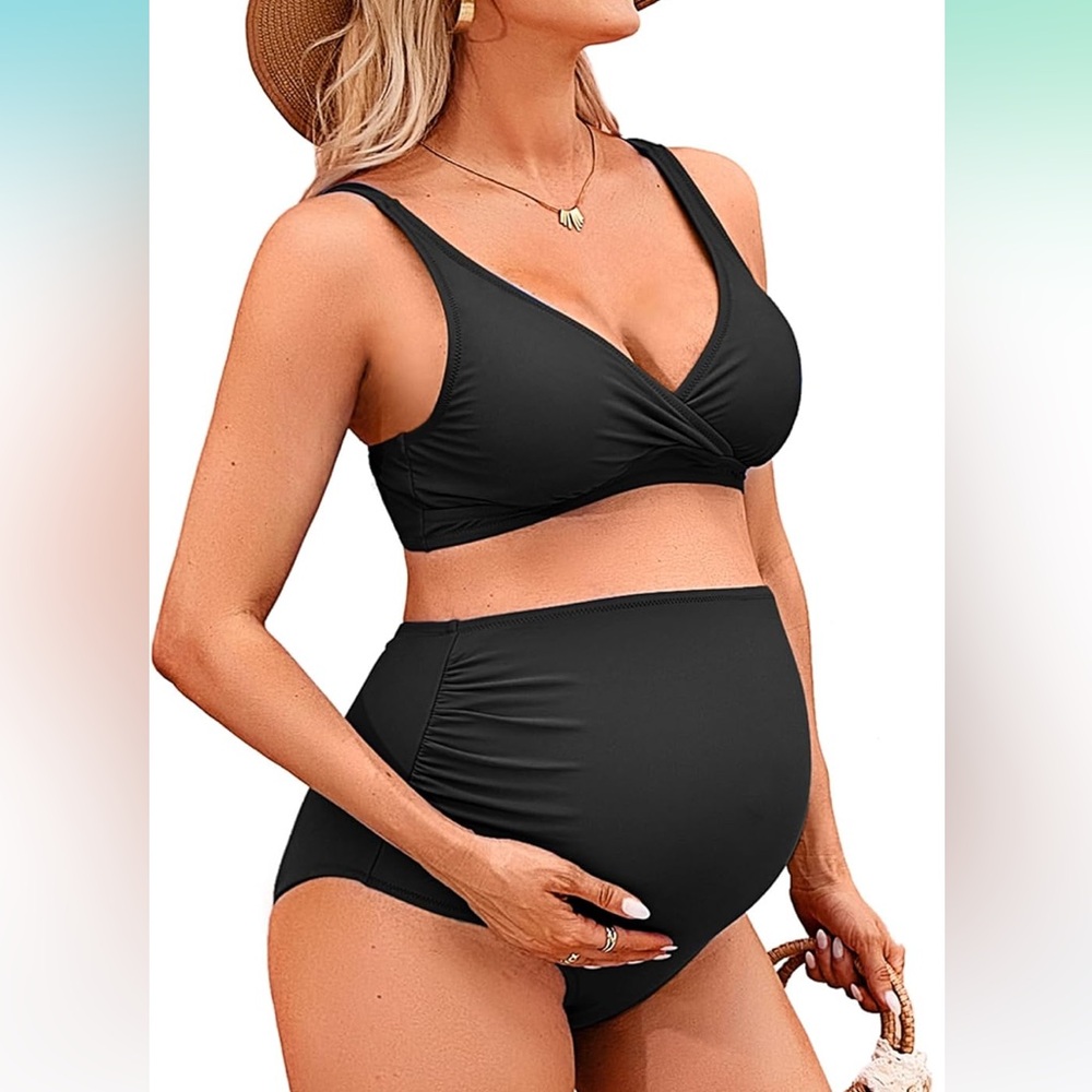 🚘High waisted Elegant Black Maternity Bikini v neck pregnancy 2 piece